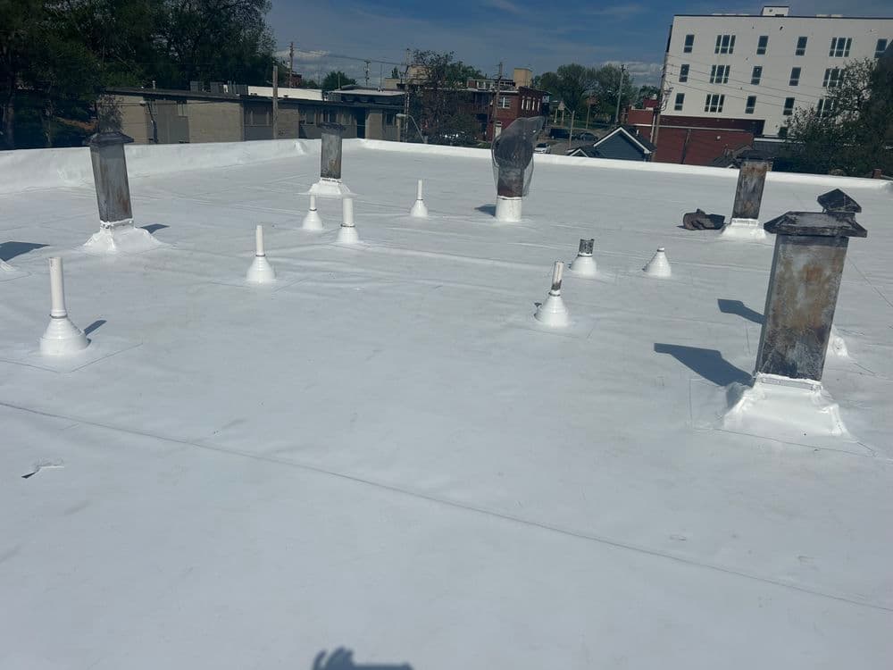 Flat white roof with multiple plumbing vent stacks and flashing visible in sunlight.