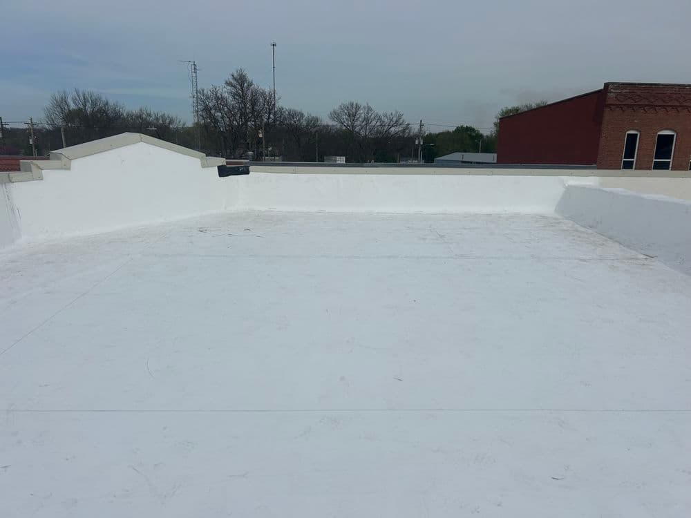 Flat white roof surface with clear sky and distant trees, suitable for commercial buildings.